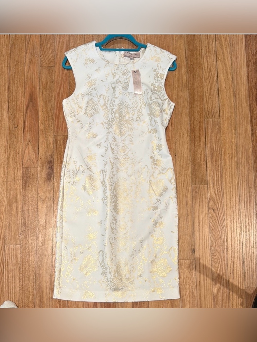 Philosophy White & Gold scuba pencil Midi Dress Medium